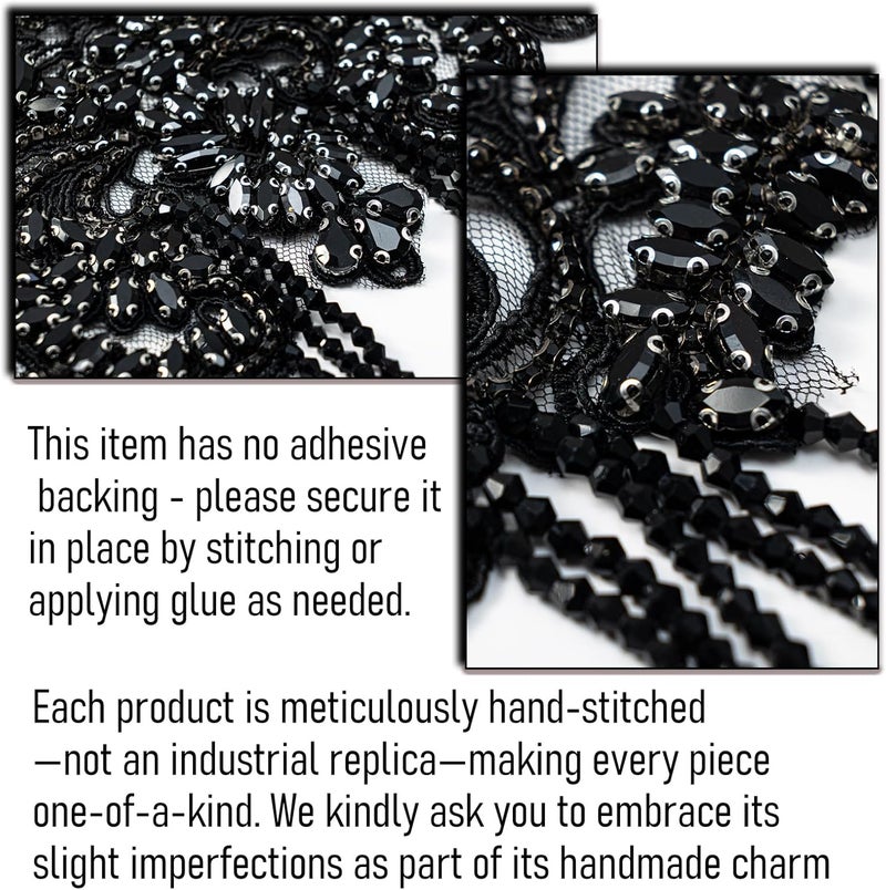 amusediy Black Beaded Rhinestones Applique Embellishment for Clothes,Epaulettes Shoulder Patches Sew-on Diamond Sequin Applique for Wedding Dress DIY Accessories Belt Waist Decoration - Image 5